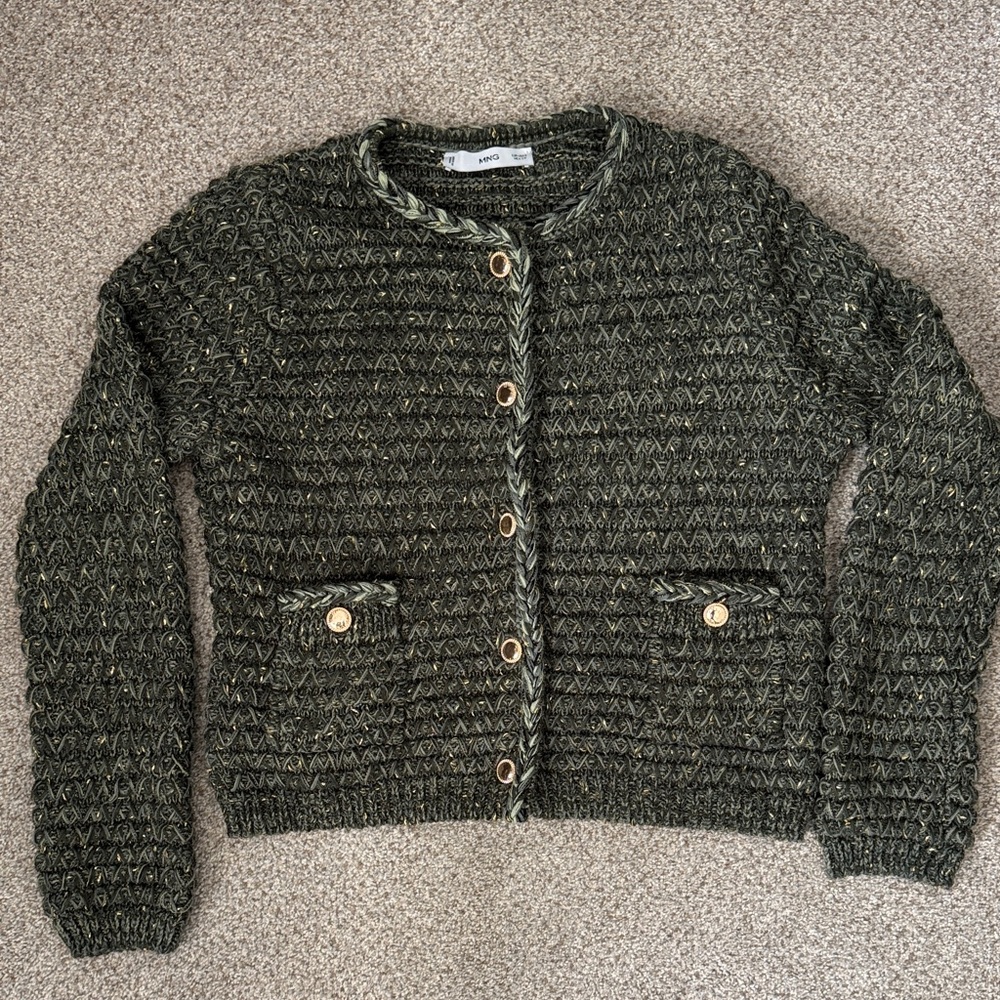 Mango Women's Green/Gold Lady Cardigan sweater  with Button Details